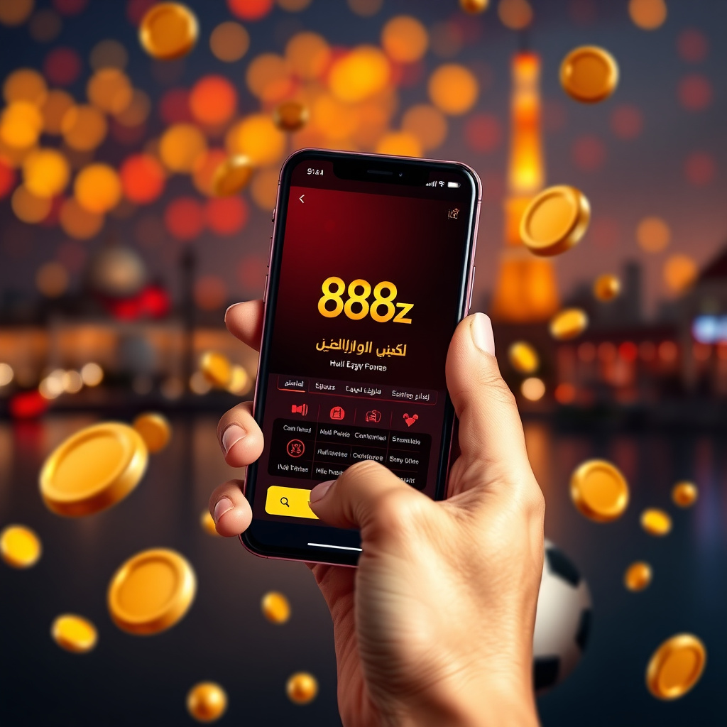 A hand holding a luxury smartphone displaying the official 888starz Egypt app with a sleek red and black interface in Arabic, background is the Cairo Tower and the Nile River at night with vibrant golden and red bokeh lights, 3D golden coins and a soccer 